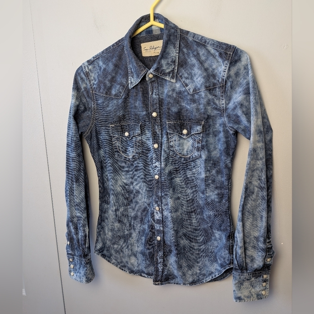 TRUE RELIGION Women Snap Buttons Blouse Y2K Western Washed Jeans XS